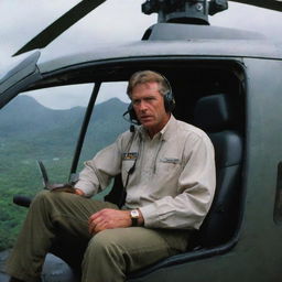 Render an image of a relieved Dr. Alan Grant in the helicopter, making a call to John Hammond, the architect of Jurassic Park. Over the fading landscapes of Isla Nublar, their conversations color the aftermath of a night of primal chaos.