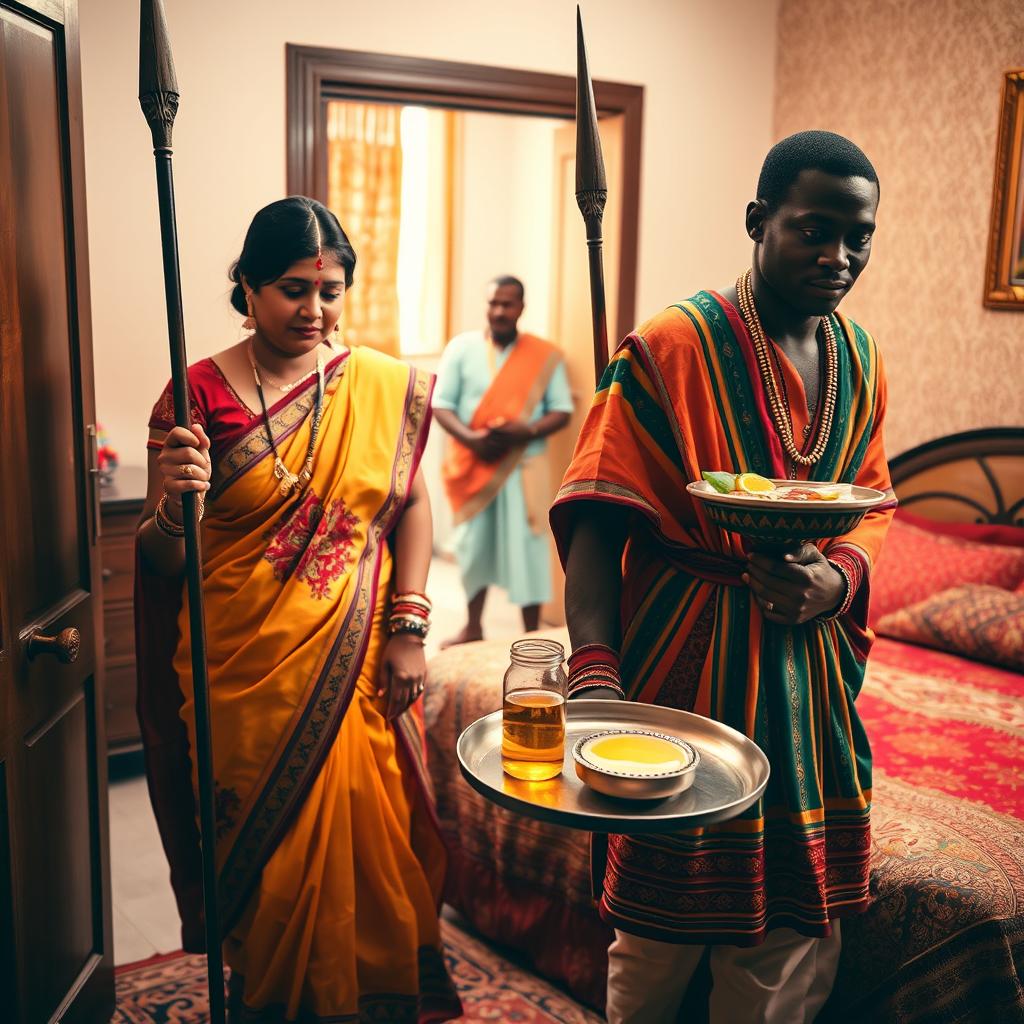 An Indian lady, elegantly dressed in a vibrant traditional outfit with intricate embroidery, is being led into a warmly lit room by an African man