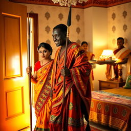 An Indian lady, elegantly dressed in a vibrant traditional outfit with intricate embroidery, is being led into a warmly lit room by an African man