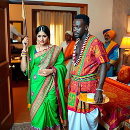 An Indian lady, elegantly dressed in a vibrant traditional outfit with intricate embroidery, is being led into a warmly lit room by an African man