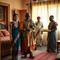 An Indian lady, elegantly dressed in a vibrant traditional outfit with intricate embroidery, is being led into a warmly lit room by an African man