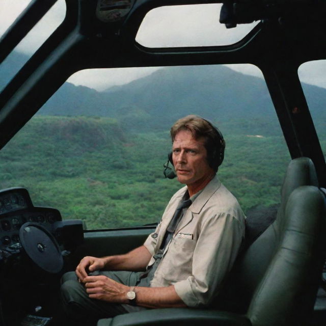 Render an image of a relieved Dr. Alan Grant in the helicopter, making a call to John Hammond, the architect of Jurassic Park. Over the fading landscapes of Isla Nublar, their conversations color the aftermath of a night of primal chaos.