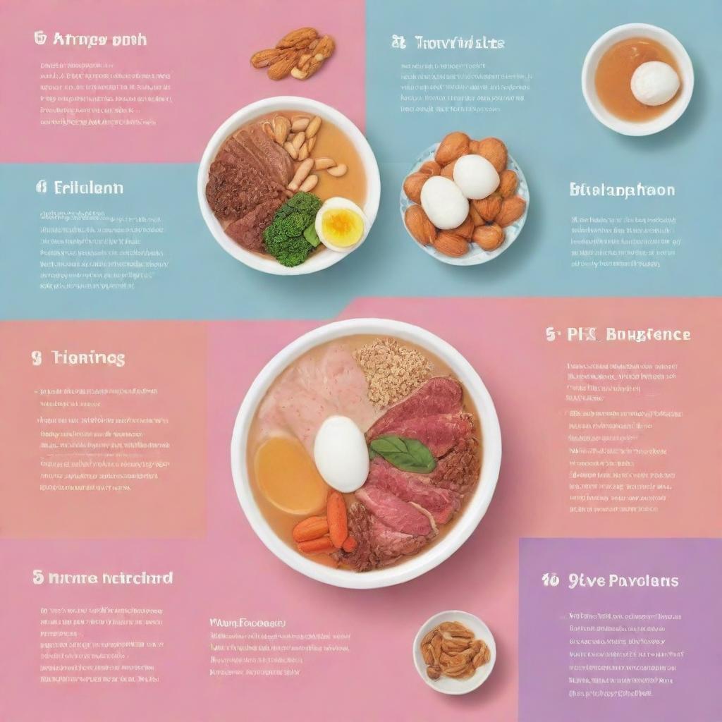 An infographic design in bright colors, illustrating 8 tips to increase protein intake for women, featuring various food items such as bone broth, meat, yogurt, and nuts.