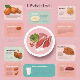 An infographic design in bright colors, illustrating 8 tips to increase protein intake for women, featuring various food items such as bone broth, meat, yogurt, and nuts.