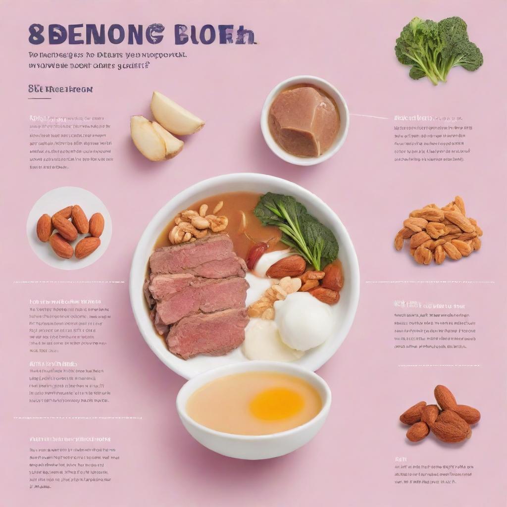 An infographic design in bright colors, illustrating 8 tips to increase protein intake for women, featuring various food items such as bone broth, meat, yogurt, and nuts.