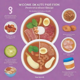 An infographic design in bright colors, illustrating 8 tips to increase protein intake for women, featuring various food items such as bone broth, meat, yogurt, and nuts.