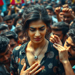 A powerful emotional scene featuring actress Kriti Sanon, tears streaming down her face as she stands in a dense crowd of male admirers