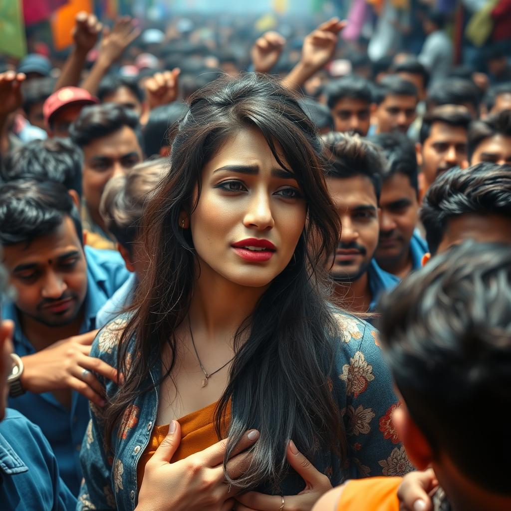 A powerful emotional scene featuring actress Kriti Sanon, tears streaming down her face as she stands in a dense crowd of male admirers