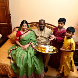 An elegant Indian lady and an African man, dressed in traditional attire, are seated together on a beautifully adorned bed