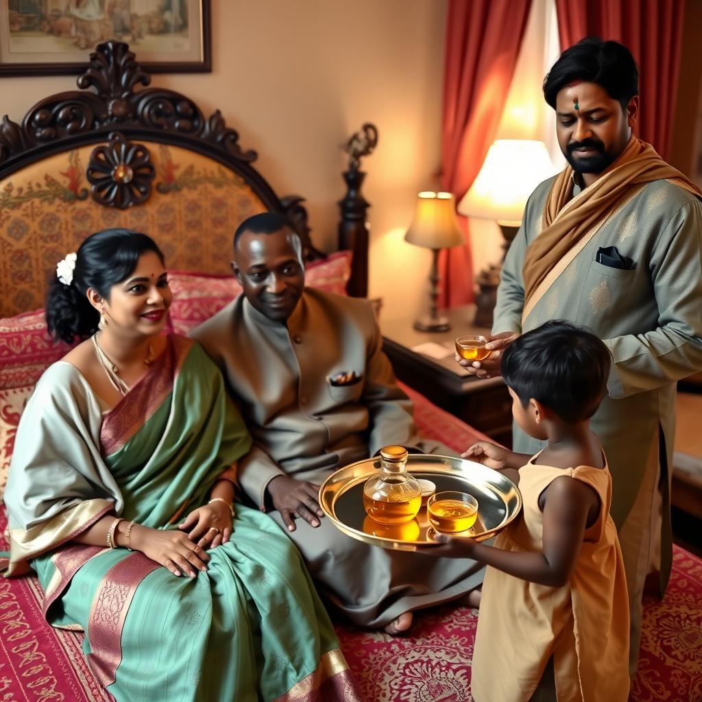 An elegant Indian lady and an African man, dressed in traditional attire, are seated together on a beautifully adorned bed