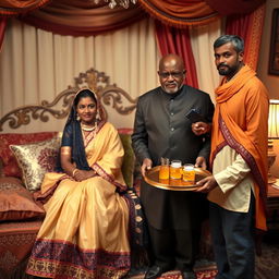 An elegant Indian lady and an African man, dressed in traditional attire, are seated together on a beautifully adorned bed