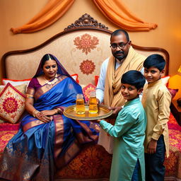 An elegant Indian lady and an African man, dressed in traditional attire, are seated together on a beautifully adorned bed