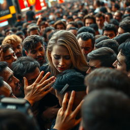 A dramatic and emotional scene featuring a crying white female surrounded by a dense crowd of male admirers