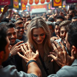 A dramatic and emotional scene featuring a crying white female surrounded by a dense crowd of male admirers