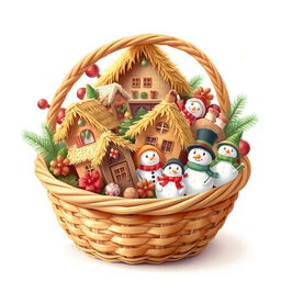 A charming illustration of a basket filled with Christmas items, including straw houses, snowman figurines, and various festive decorations