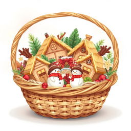 A charming illustration of a basket filled with Christmas items, including straw houses, snowman figurines, and various festive decorations