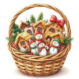 A charming illustration of a basket filled with Christmas items, including straw houses, snowman figurines, and various festive decorations