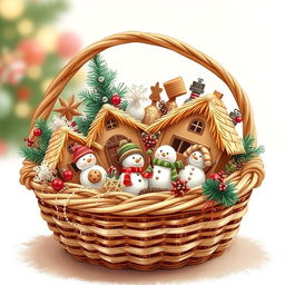 A charming illustration of a basket filled with Christmas items, including straw houses, snowman figurines, and various festive decorations