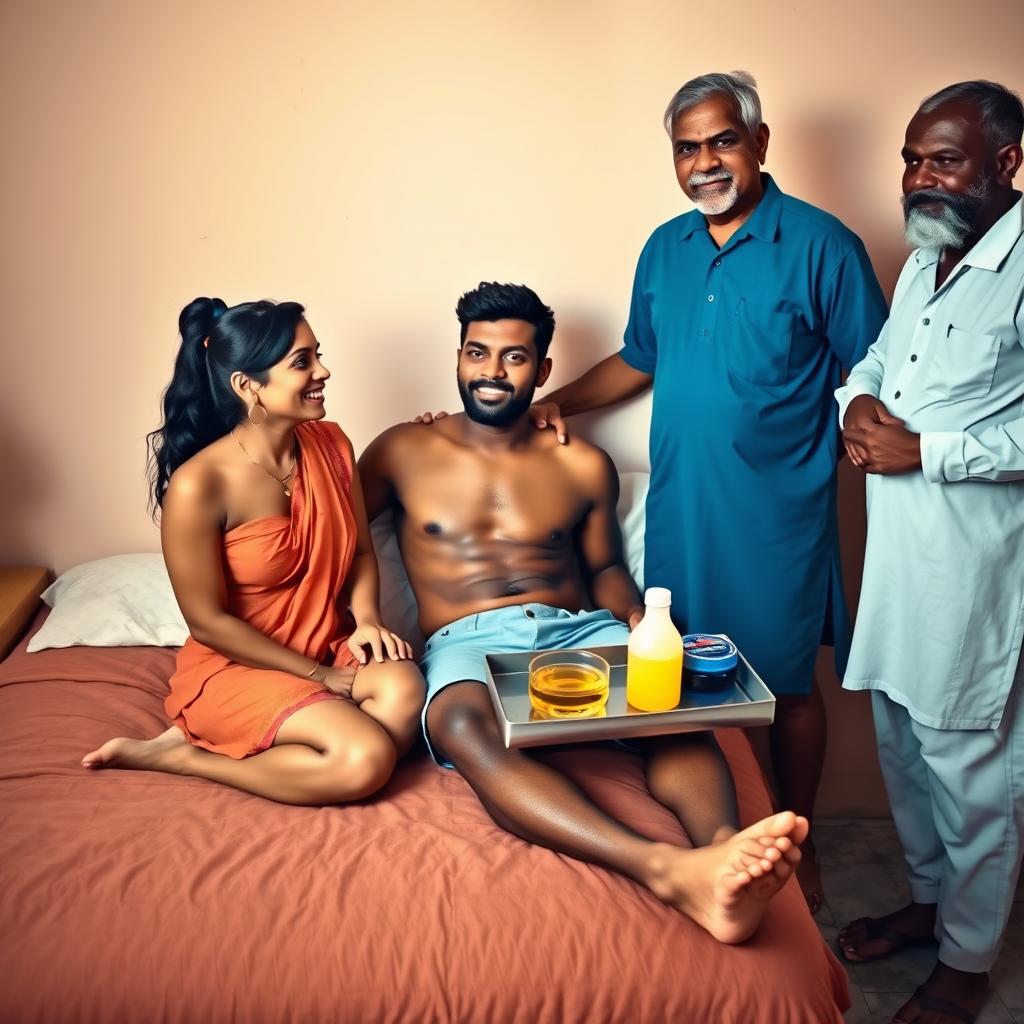 An Indian lady, wearing only a stylish outfit that emphasizes her confidence, is seated on a well-made bed next to an African man, who is also in casual shorts