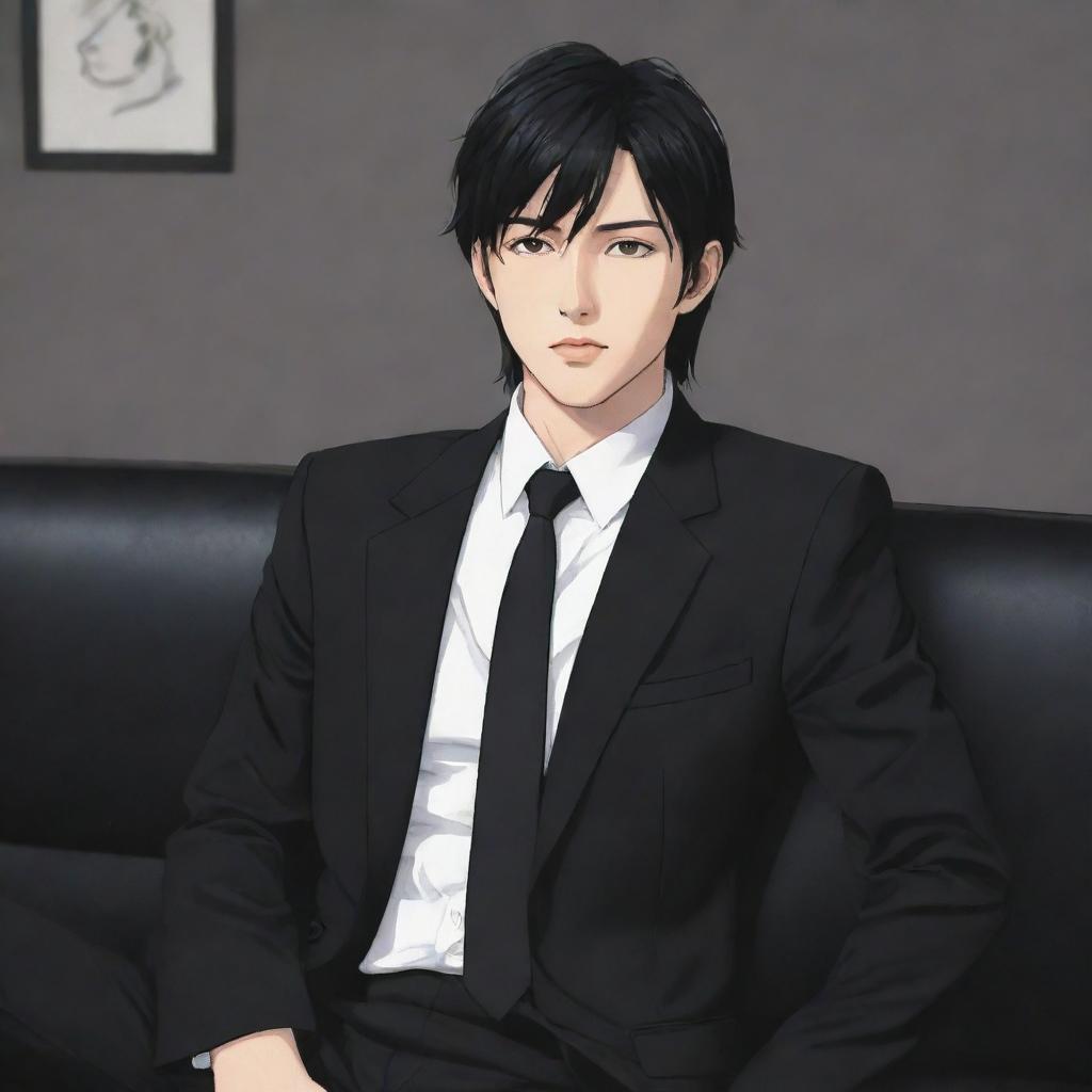 Anime style masculine character with short mullet hair, wearing a black suit, sitting comfortably on a couch.