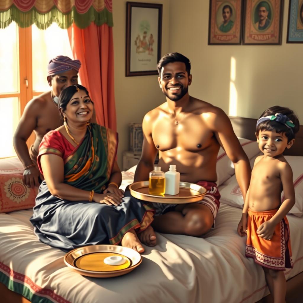 An Indian lady, elegantly adorned in a vibrant outfit, is seated on a cozy bed beside an African man dressed in casual shorts and a bare chest, radiating a relaxed and friendly vibe