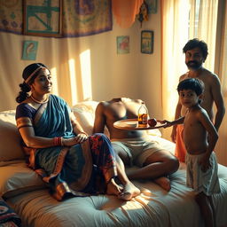 An Indian lady, elegantly adorned in a vibrant outfit, is seated on a cozy bed beside an African man dressed in casual shorts and a bare chest, radiating a relaxed and friendly vibe