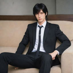 Anime style masculine character with short mullet hair, wearing a black suit, sitting comfortably on a couch.