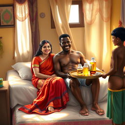 An Indian lady, elegantly adorned in a vibrant outfit, is seated on a cozy bed beside an African man dressed in casual shorts and a bare chest, radiating a relaxed and friendly vibe