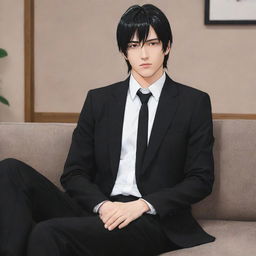 Anime style masculine character with short mullet hair, wearing a black suit, sitting comfortably on a couch.