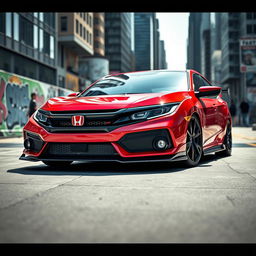 A stunning red Honda Civic EJ1 featuring sleek carbon fiber front fenders and a glossy carbon fiber hood, parked in a modern urban setting