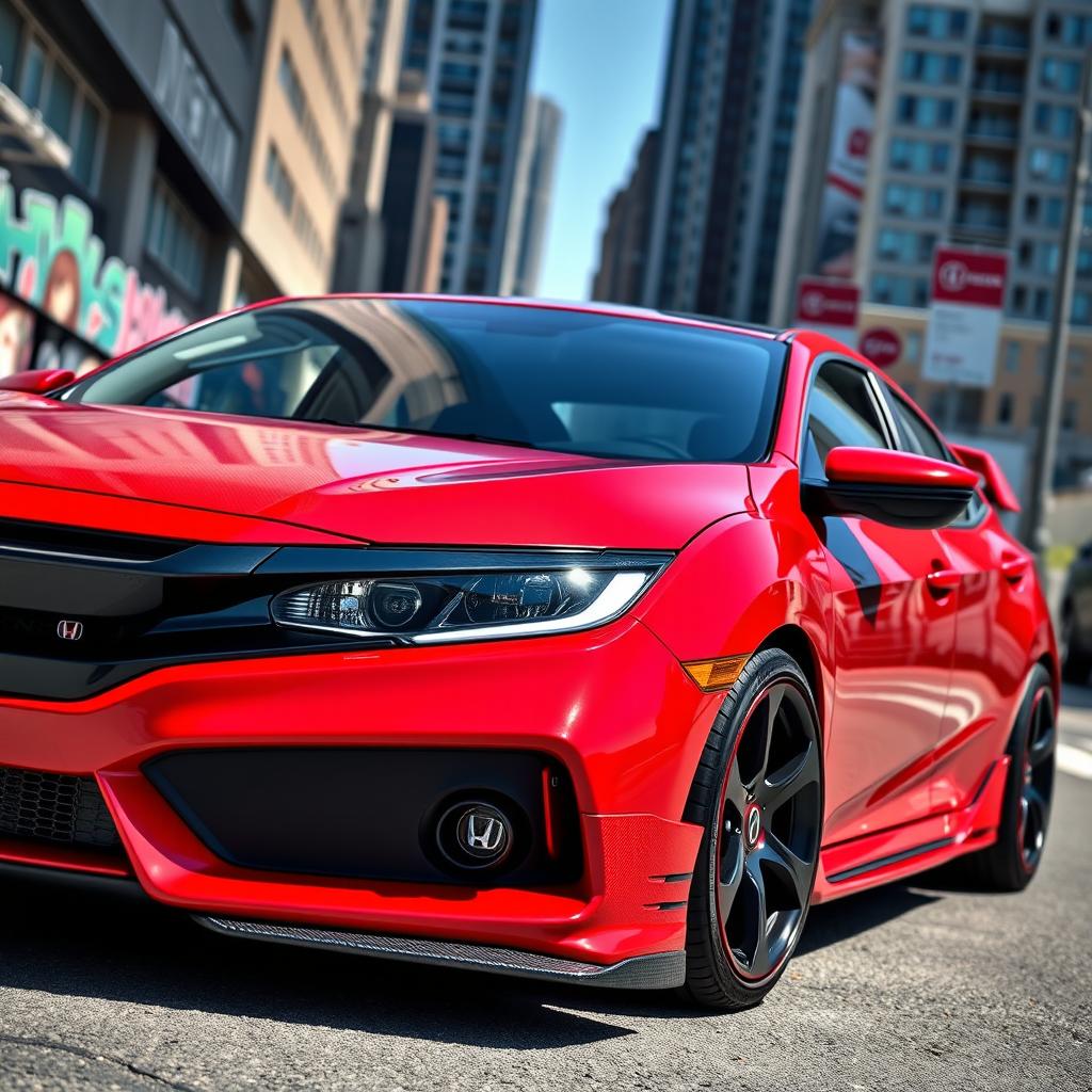 A stunning red Honda Civic EJ1 featuring sleek carbon fiber front fenders and a glossy carbon fiber hood, parked in a modern urban setting