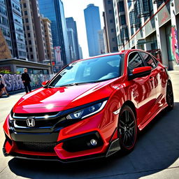 A stunning red Honda Civic EJ1 featuring sleek carbon fiber front fenders and a glossy carbon fiber hood, parked in a modern urban setting