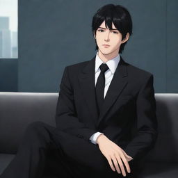 Anime style masculine character with short mullet hair, wearing a black suit, sitting comfortably on a couch.