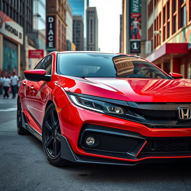 A stunning red Honda Civic EJ1 featuring sleek carbon fiber front fenders and a glossy carbon fiber hood, parked in a modern urban setting