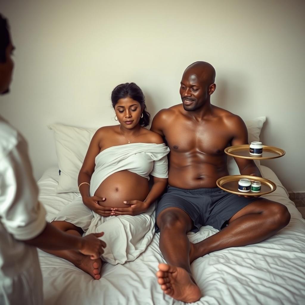 A pregnant Indian lady, glowing with a serene expression, is seated on a neatly arranged bed alongside an African man wearing shorts and a bare chest, radiating a relaxed and caring presence