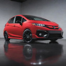 A customized, high-performance Honda Fit with glossy paintwork, detailed aerodynamic enhancements and a polished, sporty interior.