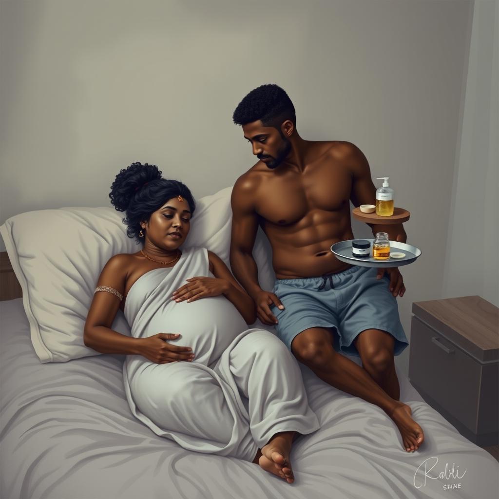 A pregnant Indian lady with a gentle demeanor is resting on a cozy bed alongside an African man in casual shorts and a bare chest, embodying a relaxed presence