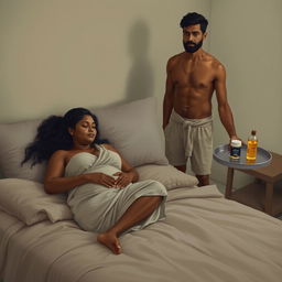 A pregnant Indian lady with a gentle demeanor is resting on a cozy bed alongside an African man in casual shorts and a bare chest, embodying a relaxed presence