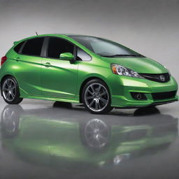 A customized, high-performance Honda Fit with glossy paintwork, detailed aerodynamic enhancements and a polished, sporty interior.