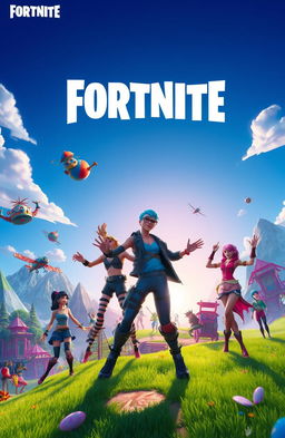 A vibrant and dynamic scene inspired by the video game Fortnite, featuring a colorful and imaginative battlefield with iconic Fortnite elements such as buildable structures, a wide variety of characters including unique skins and outfits, whimsical landscapes with lush greenery, mountains, and a bright blue sky