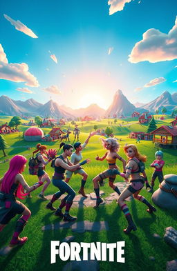 A vibrant and dynamic scene inspired by the video game Fortnite, featuring a colorful and imaginative battlefield with iconic Fortnite elements such as buildable structures, a wide variety of characters including unique skins and outfits, whimsical landscapes with lush greenery, mountains, and a bright blue sky