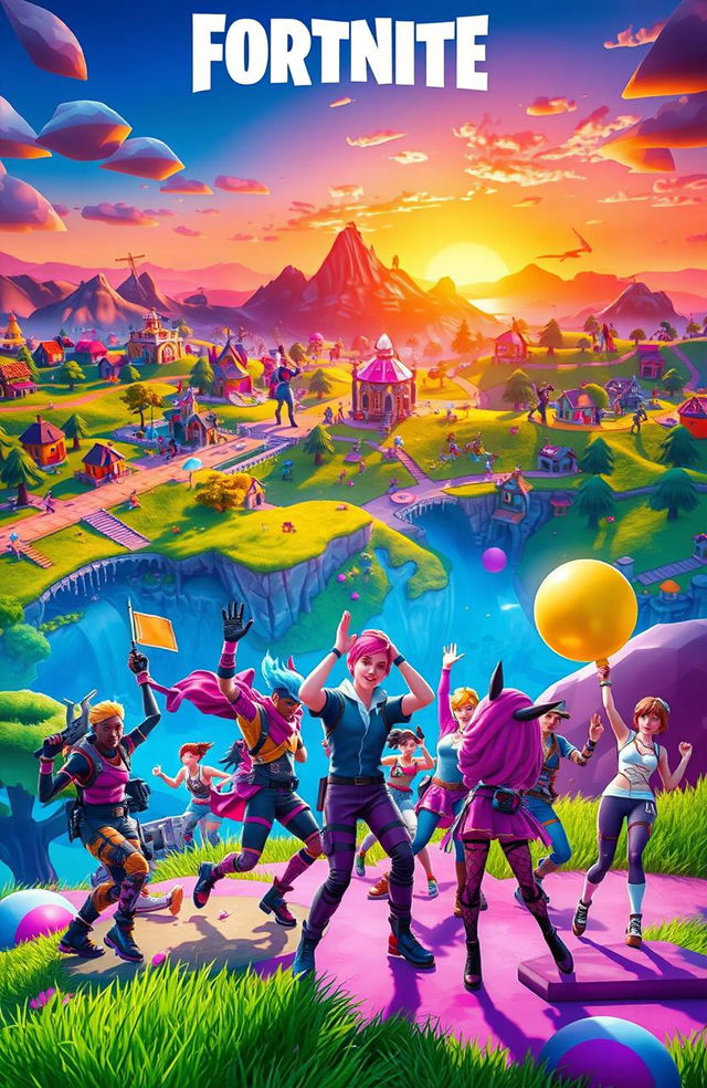 A vibrant and dynamic scene inspired by the video game Fortnite, featuring a colorful and imaginative battlefield with iconic Fortnite elements such as buildable structures, a wide variety of characters including unique skins and outfits, whimsical landscapes with lush greenery, mountains, and a bright blue sky