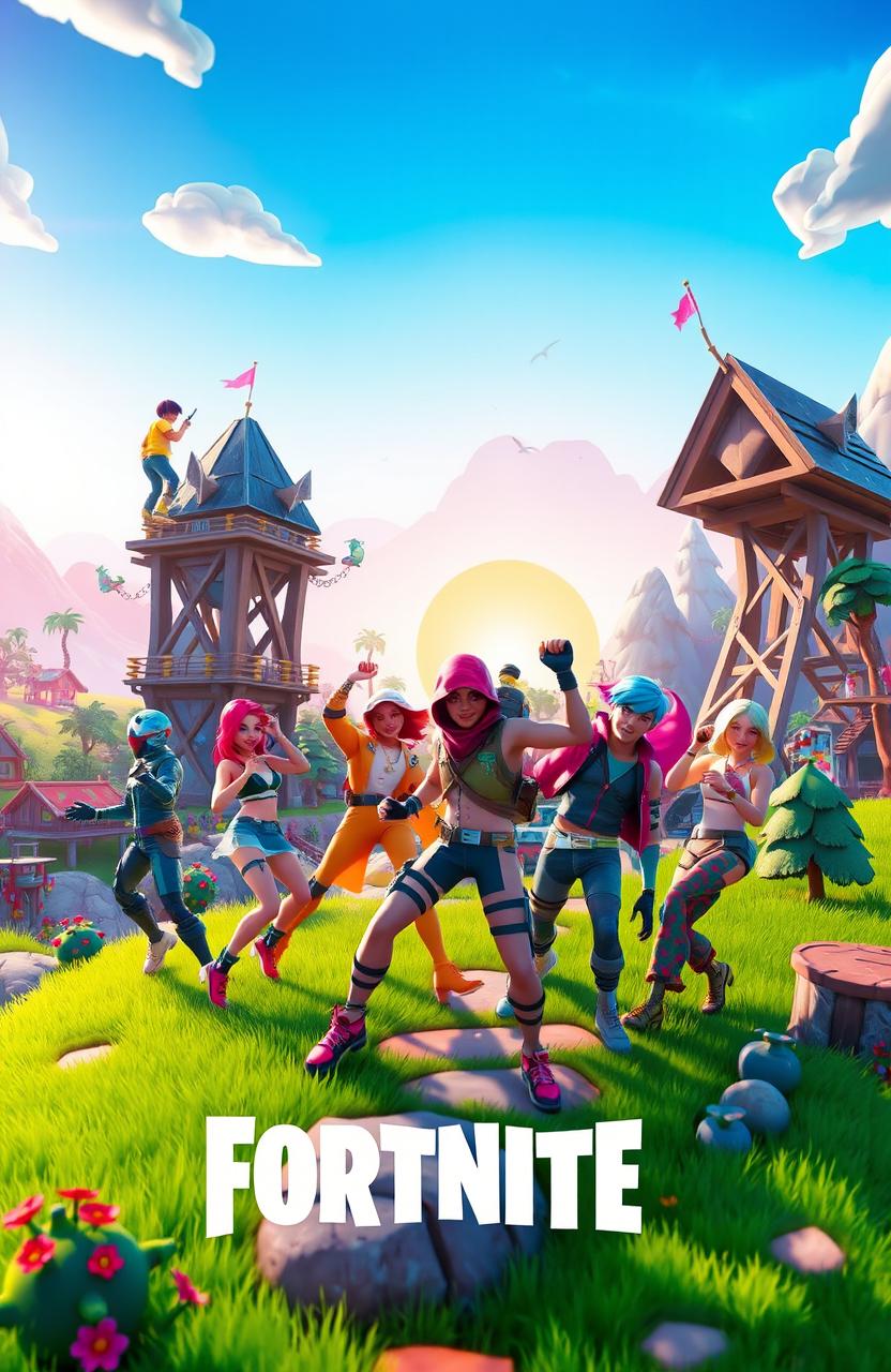 A vibrant and dynamic scene inspired by the video game Fortnite, featuring a colorful and imaginative battlefield with iconic Fortnite elements such as buildable structures, a wide variety of characters including unique skins and outfits, whimsical landscapes with lush greenery, mountains, and a bright blue sky