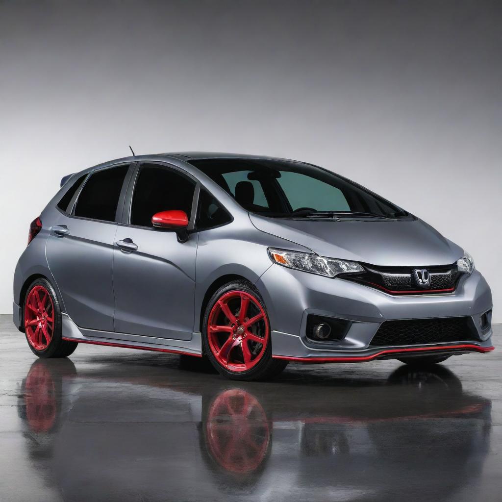 A customized, high-performance Honda Fit with glossy paintwork, detailed aerodynamic enhancements and a polished, sporty interior.