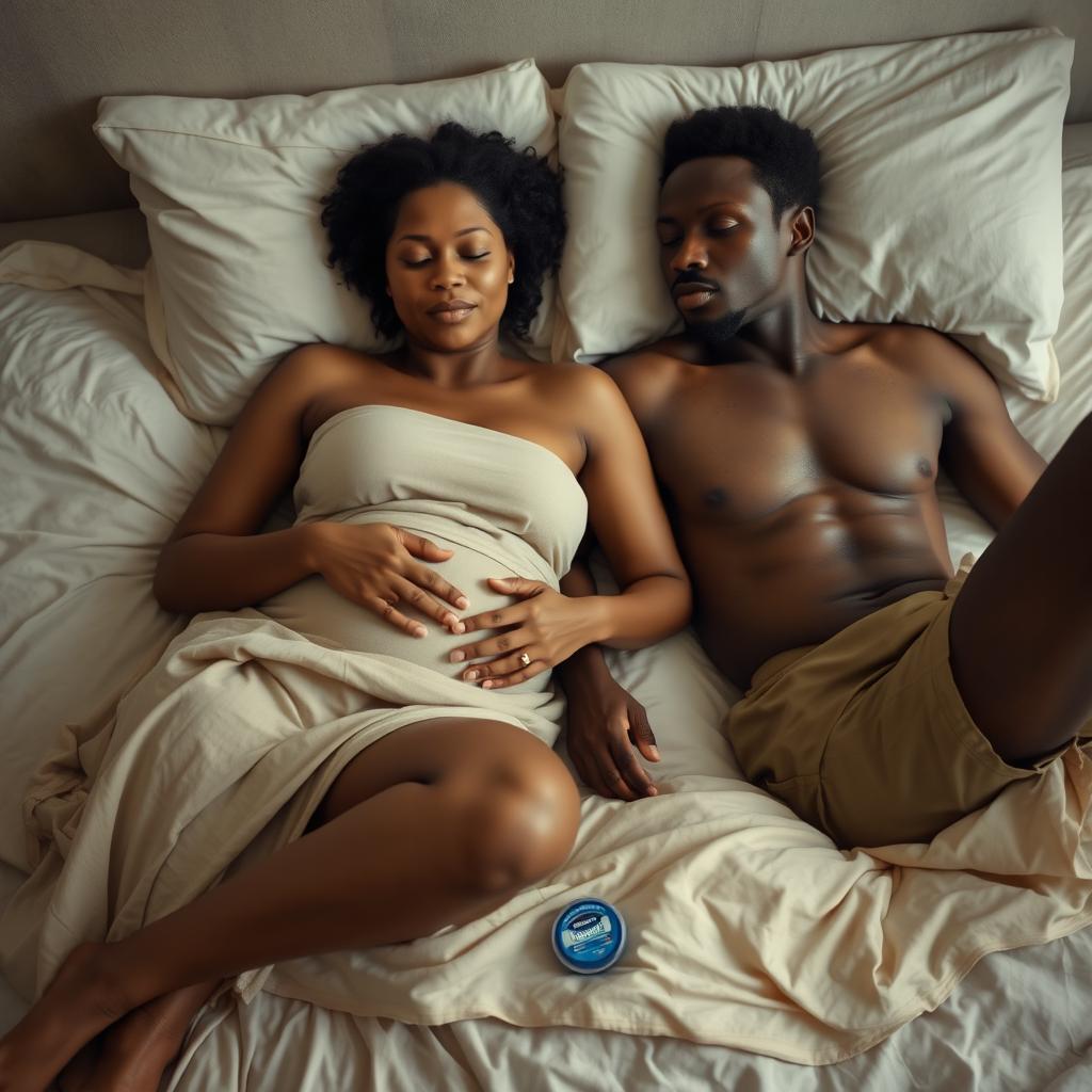 A pregnant Indian lady, exhibiting a sense of calm and warmth, is reclining on a softly disheveled bed alongside an African man dressed in shorts and a bare chest, embodying a relaxed and comforting presence