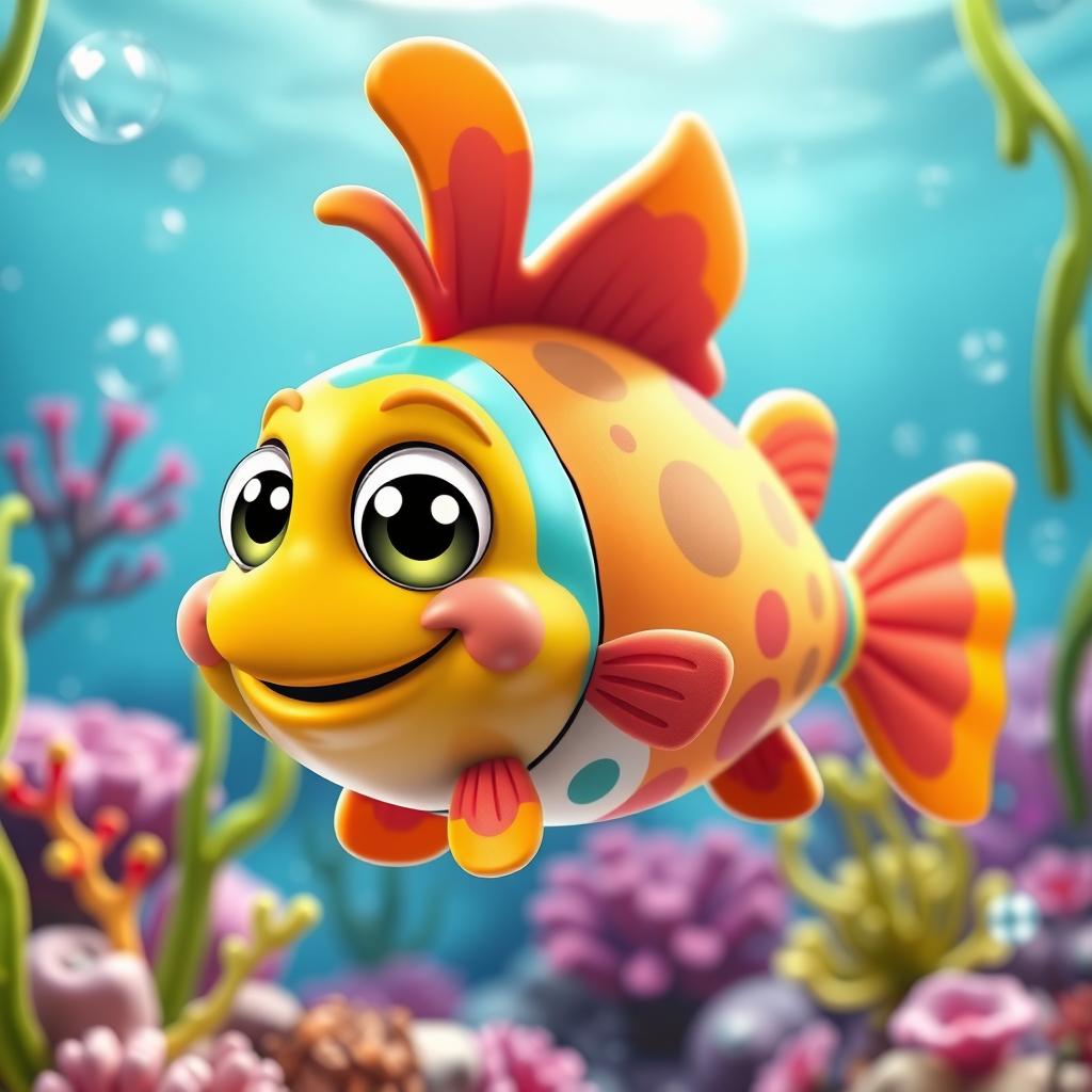 A playful and colorful Fortnite-themed fish character, designed in a cartoonish style, featuring oversized eyes and a friendly smile