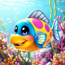 A playful and colorful Fortnite-themed fish character, designed in a cartoonish style, featuring oversized eyes and a friendly smile