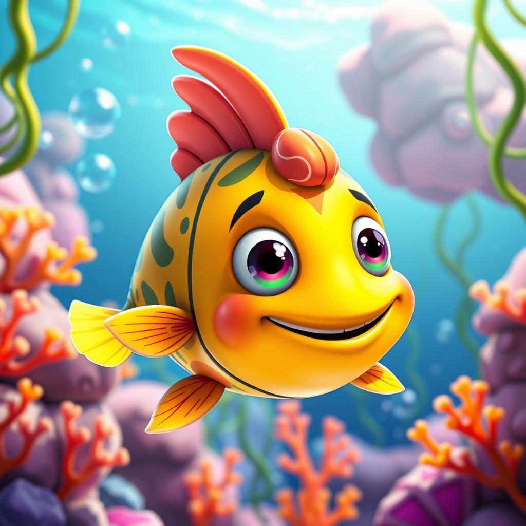 A playful and colorful Fortnite-themed fish character, designed in a cartoonish style, featuring oversized eyes and a friendly smile