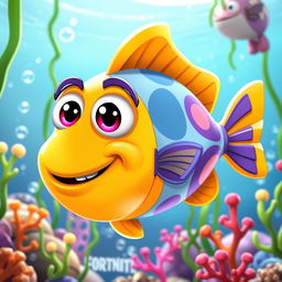 A playful and colorful Fortnite-themed fish character, designed in a cartoonish style, featuring oversized eyes and a friendly smile