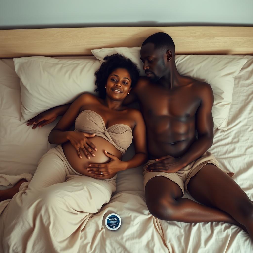 A pregnant Indian lady, radiating a sense of calm and serenity, is lying on a softly made bed next to an African man dressed in shorts and a bare chest, conveying a relaxed and caring vibe